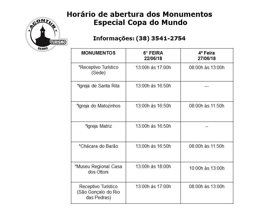 Horário de abertura dos Monumentos Copa